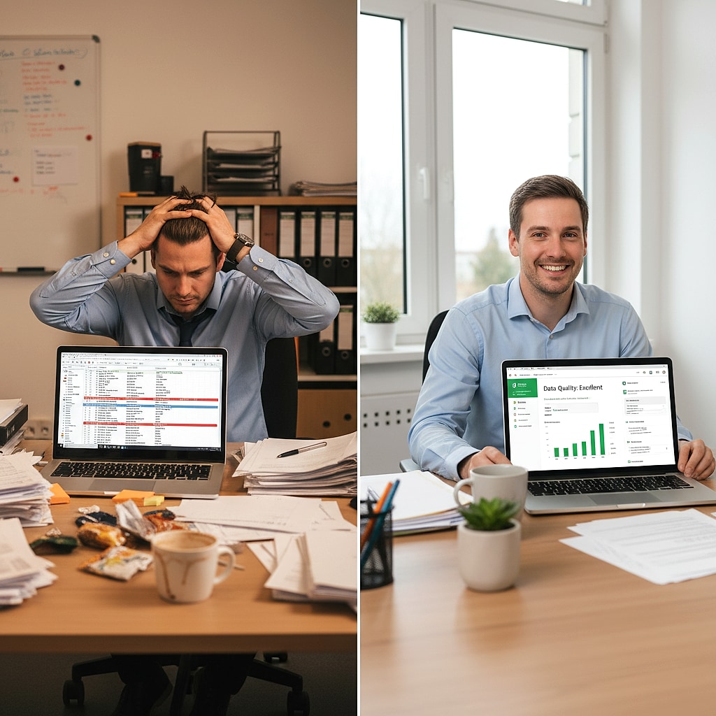 Kontrastbild: chaotische Daten und Excel-Tabellen neben einer sauberen, strukturierten Datenbank-Visualisierung